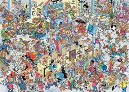 This colorful cartoon puzzle image depicts a completely chaotic hairdresser's salon overflowing with dozens of funny characters animals and strange accidents
