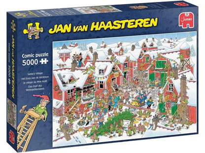 Angled view of the Jan van Haasteren 5000-piece Comic Puzzle box titled Santa's Village, featuring a dense, funny illustration of elves in a snowy town