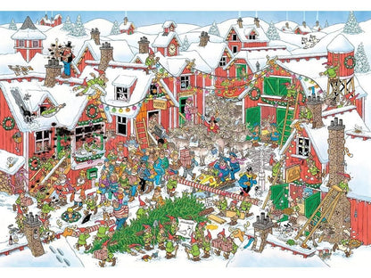 A detailed and chaotic cartoon image for the 1000-piece Santa's Village jigsaw, showing dozens of elves, people, and reindeer engaged in frantic holiday preparations among snowy red cabins