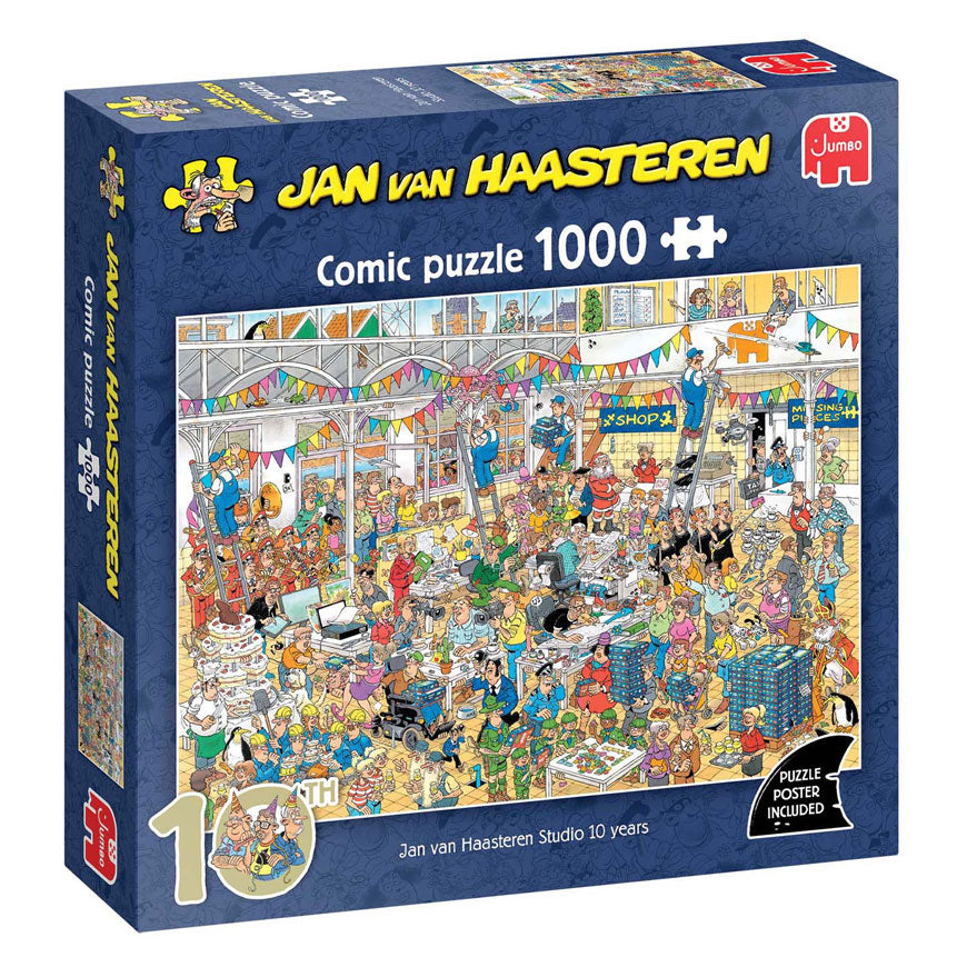 This Jan van Haasteren Comic Puzzle 1000 piece box celebrates the Studio's 10th anniversary showing a highly detailed, bustling market scene