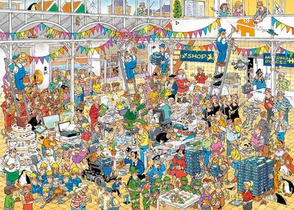 The detailed JVH Studio 10 Years puzzle illustration shows a chaotic indoor anniversary party filled with quirky cartoon characters a brass band and many stacks of blue boxes