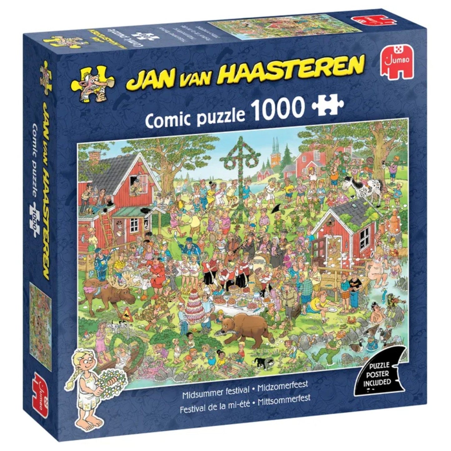 This Jan Van Haasteren 1000 piece comic puzzle box for the Midsummer Festival shows a crowded, chaotic outdoor celebration featuring a maypole and a bear