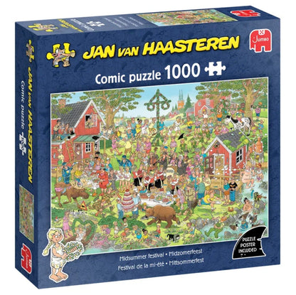 This Jan Van Haasteren 1000 piece comic puzzle box for the Midsummer Festival shows a crowded, chaotic outdoor celebration featuring a maypole and a bear