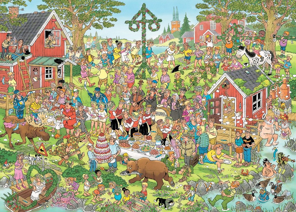 A highly detailed cartoon illustration of a bustling Scandinavian Midsummer Festival featuring a maypole, red houses, and dozens of comical characters