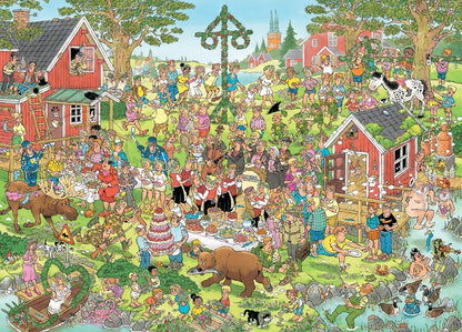 A highly detailed cartoon illustration of a bustling Scandinavian Midsummer Festival featuring a maypole, red houses, and dozens of comical characters
