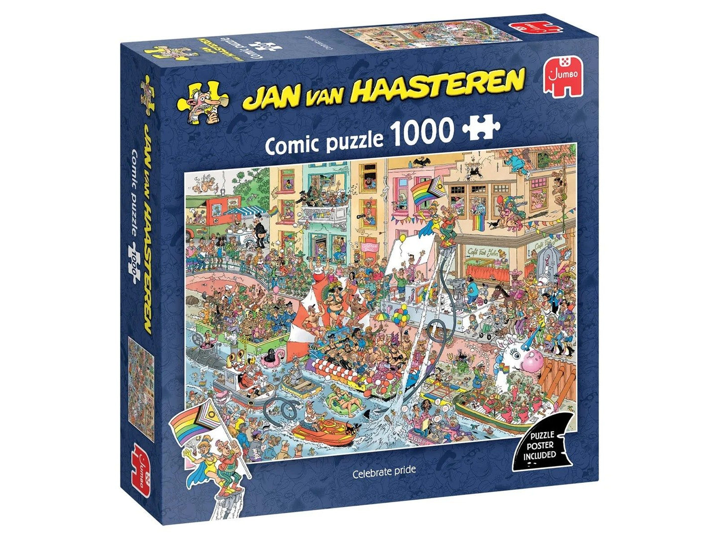 Blue Jan van Haasteren 1000 piece puzzle box titled "Celebrate Pride" showing a crowded, chaotic street party scene with boats and rainbow flags