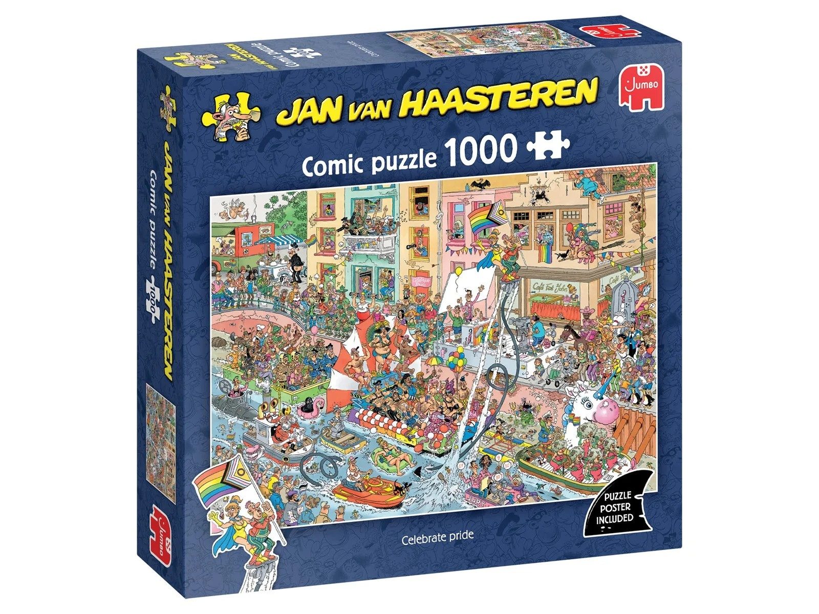 Blue Jan van Haasteren 1000 piece puzzle box titled "Celebrate Pride" showing a crowded, chaotic street party scene with boats and rainbow flags