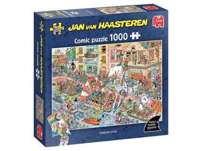 Blue Jan van Haasteren 1000 piece puzzle box titled "Celebrate Pride" showing a crowded, chaotic street party scene with boats and rainbow flags