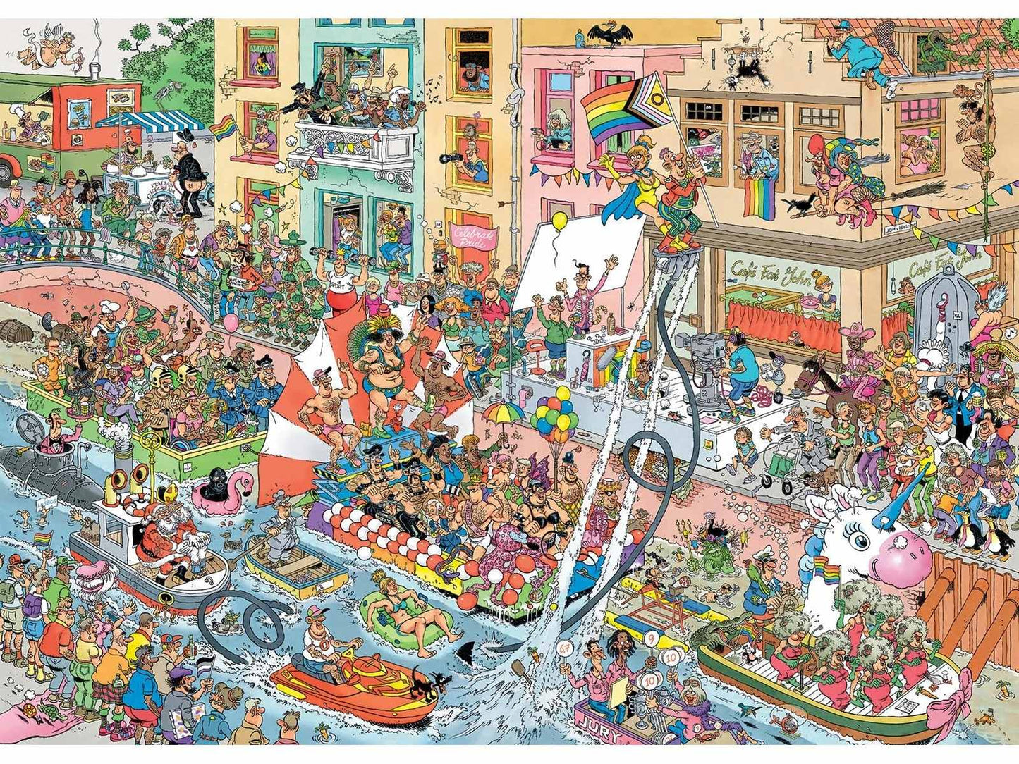 Hilarious JVH cartoon of a vibrant Pride canal parade packed with diverse costumed characters, chaotic floats, and a large Progress Pride flag being hoisted