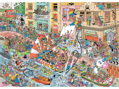 Hilarious JVH cartoon of a vibrant Pride canal parade packed with diverse costumed characters, chaotic floats, and a large Progress Pride flag being hoisted