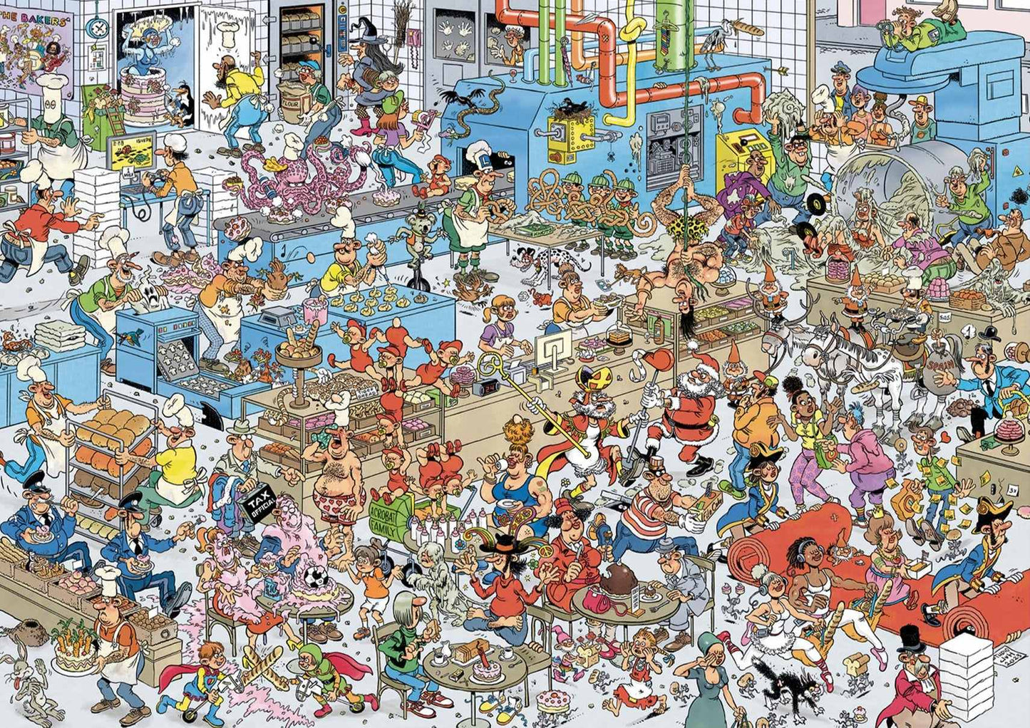 The full artwork for The Bakery 1000 piece jigsaw puzzle showing a huge industrial kitchen overrun by chefs, gnomes, and weird customers causing massive comedic destruction