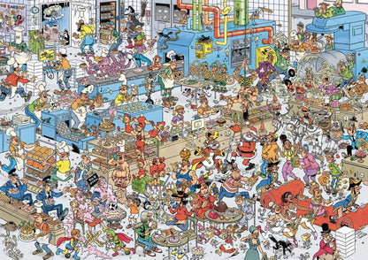 The full artwork for The Bakery 1000 piece jigsaw puzzle showing a huge industrial kitchen overrun by chefs, gnomes, and weird customers causing massive comedic destruction