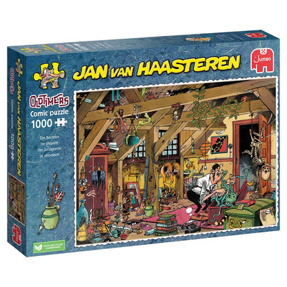 JVH Oldtimers 1000-piece puzzle box The Bachelor showing a cartoon attic full of clutter where a man encounters a green octopus