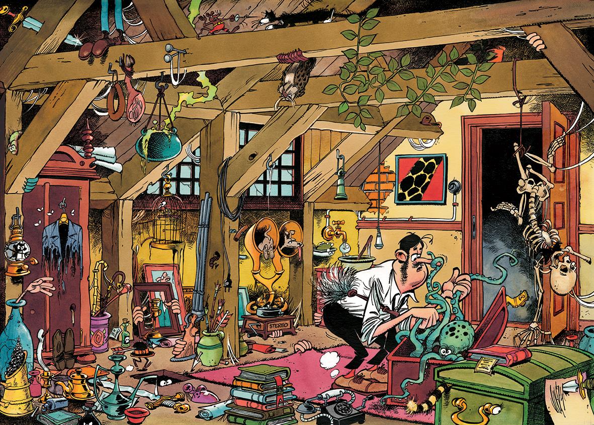 Jigsaw illustration depicting a chaotic attic filled with clutter and exposed rafters where a man with a duster discovers an octopus hiding in a trunk next to a swinging skeleton
