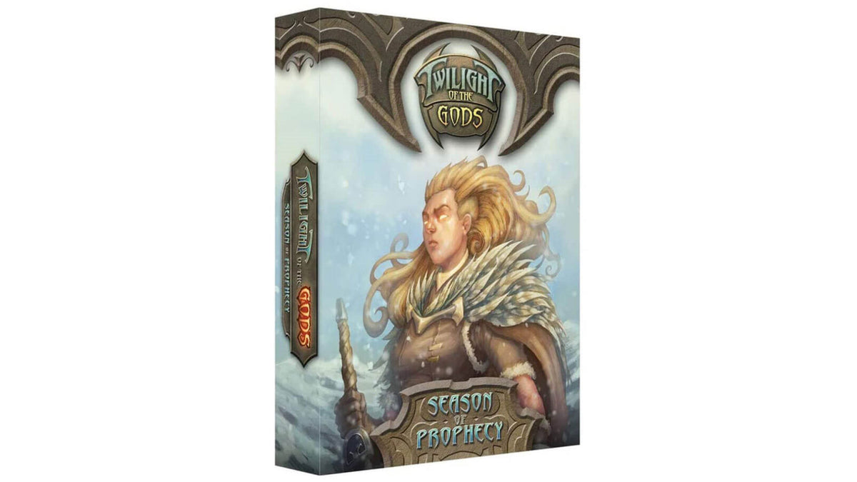 Twilight of the Gods Season of Prophecy expansion board game box with artwork of a powerful warrior with glowing eyes and a staff