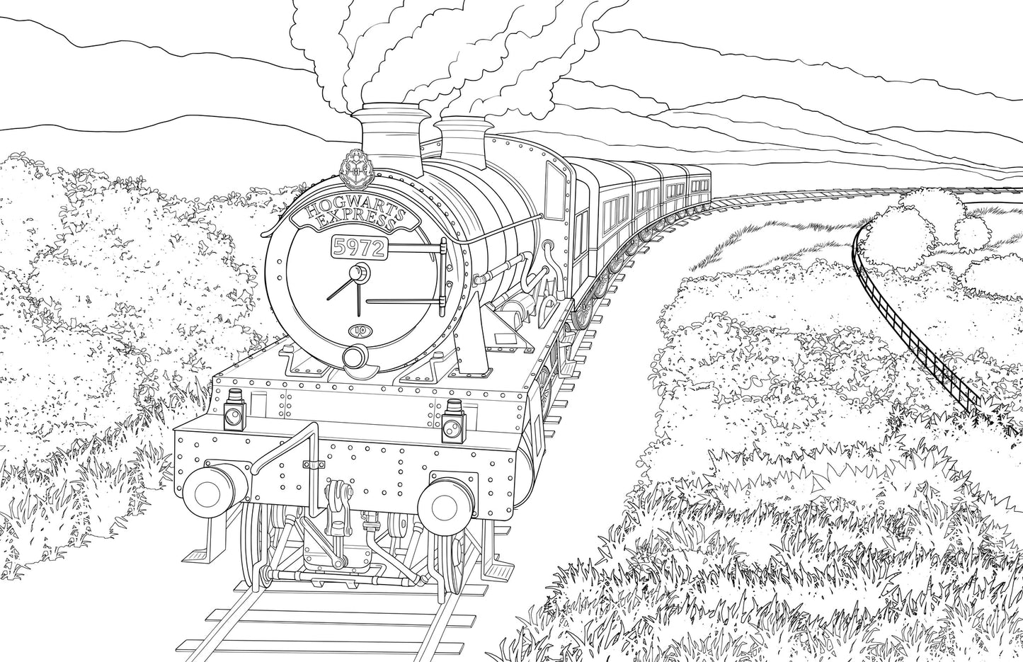Outline drawing of the Hogwarts Express steam train moving on curving tracks, smoking, through a hilly, grassy landscape