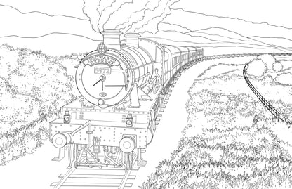 Outline drawing of the Hogwarts Express steam train moving on curving tracks, smoking, through a hilly, grassy landscape