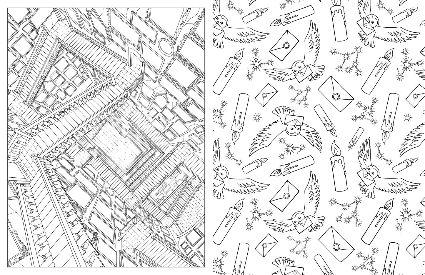 Black and white coloring page: Left, a grand, detailed staircase. Right, a pattern of flying owls with letters, candles, stars