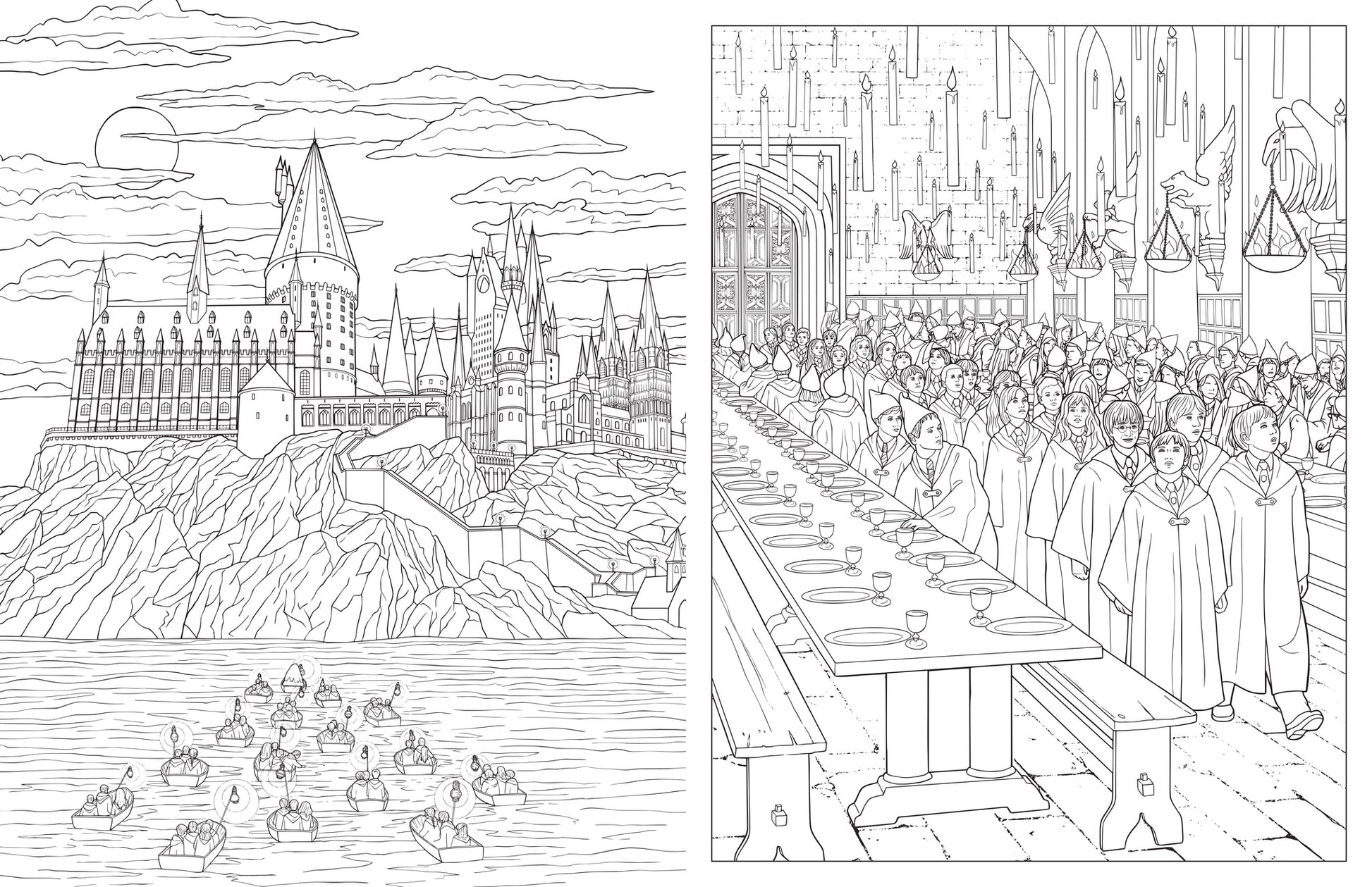 Hogwarts Castle by moonlight with students arriving by boat, and students gathering in the Great Hall with floating candles