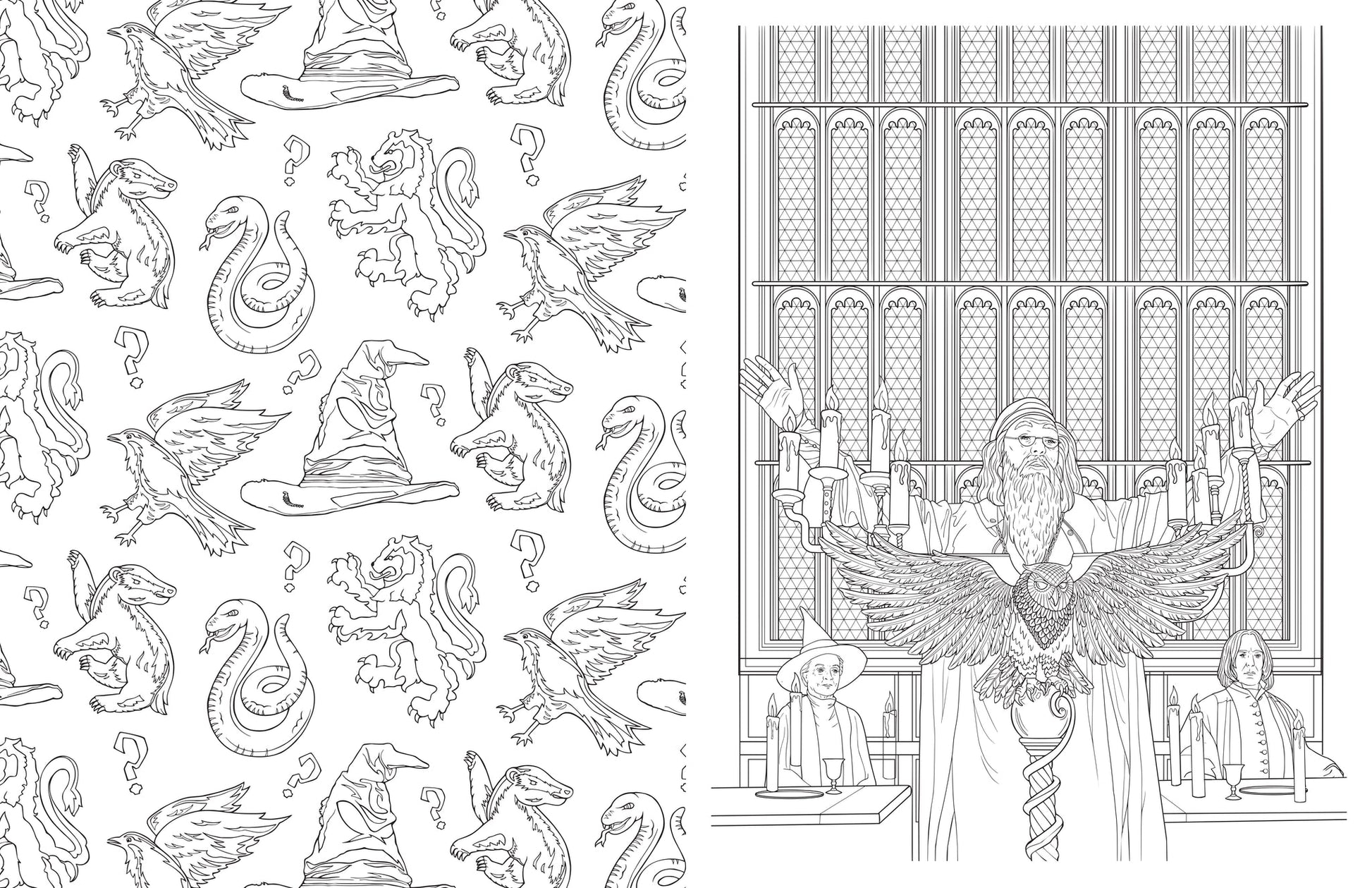 A Harry Potter coloring page: Dumbledore with a spread-winged owl, next to a pattern of house symbols and a sorting hat