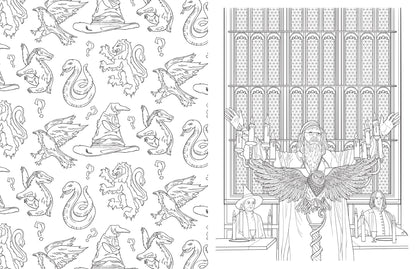 A Harry Potter coloring page: Dumbledore with a spread-winged owl, next to a pattern of house symbols and a sorting hat