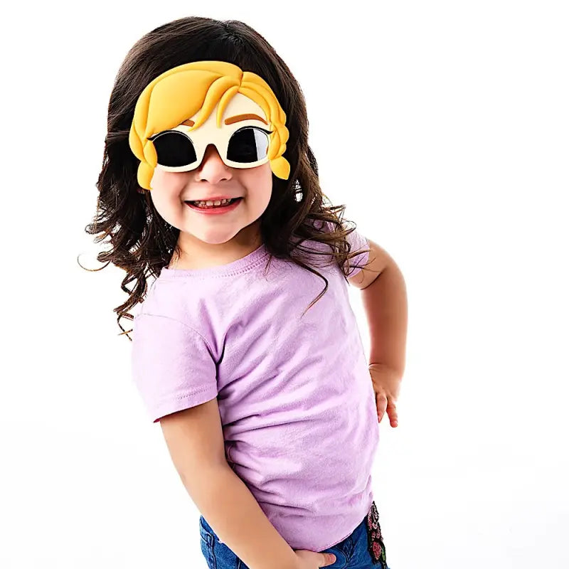 Happy child wearing Lil Characters Frozen Anna Sunglass Mask