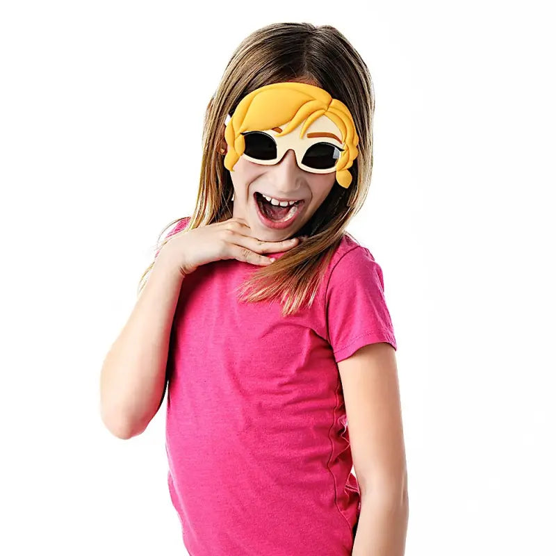 Girl wearing Lil Characters Frozen Anna Sunglass Mask with smile on her face