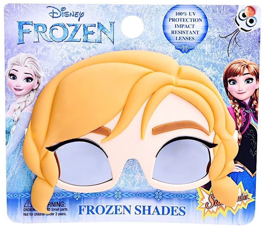 Disney Frozen Anna face shaped sunglasses with light blue mirrored lenses for kids packaging view