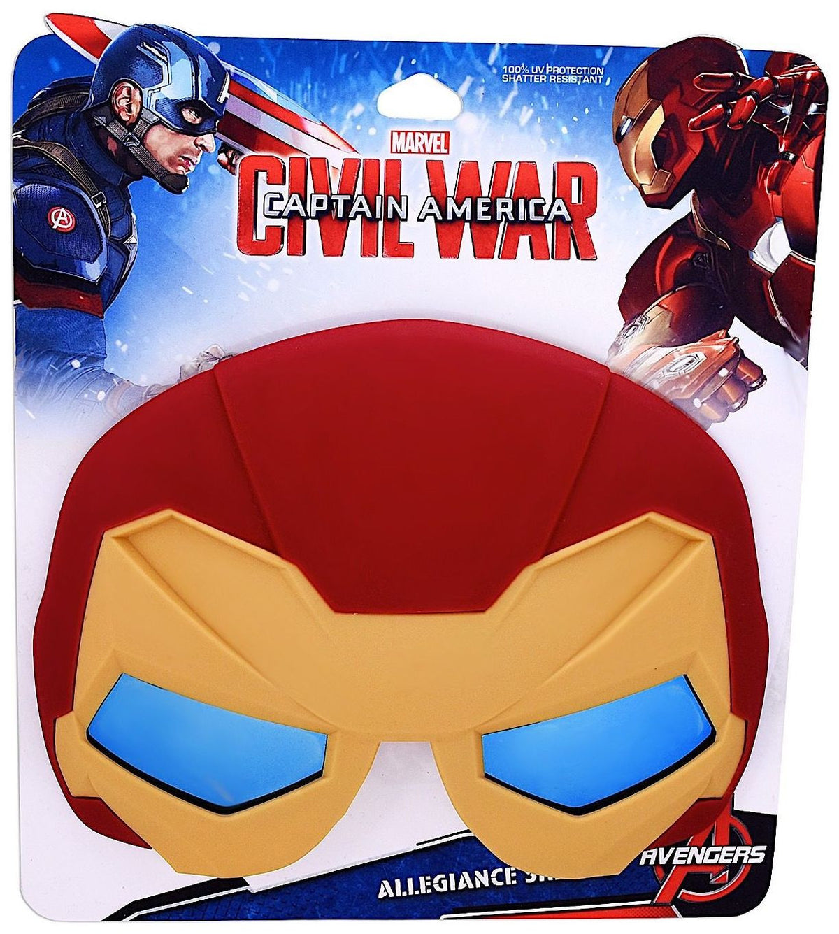 Packaging view of face mask from Marvel&#39;s Captain America Civil War with red and gold colors and blue eye lenses