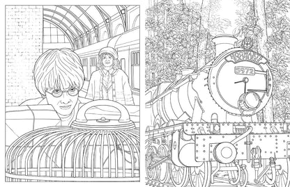 Coloring page: Harry Potter with an owl cage at a train platform, and the Hogwarts Express steam train traveling through a forest