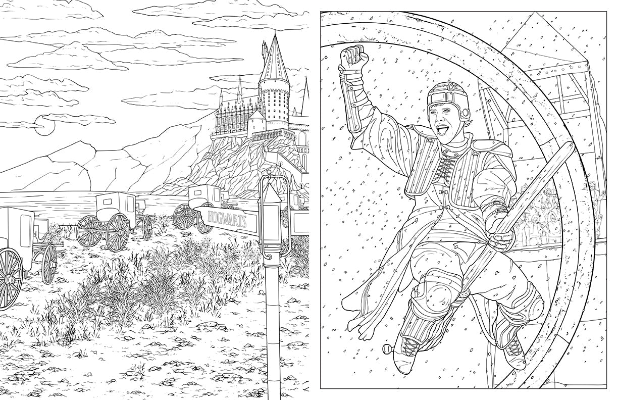 Black and white coloring page showing Hogwarts castle and carriages, plus a Quidditch player cheering mid-flight