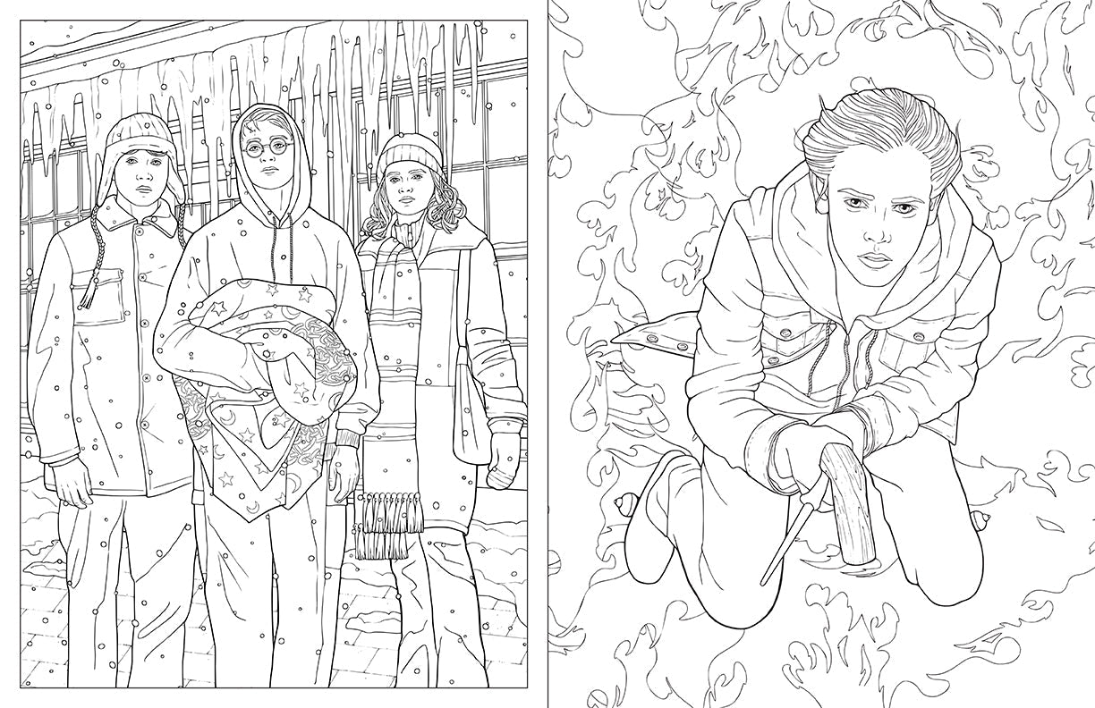 Left: Harry, Ron, Hermione stand in winter snow. Right: Harry kneels, wand in hand, surrounded by flames