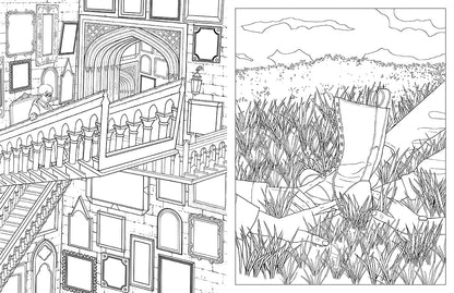 Two coloring scenes: A boy on a grand staircase with frames, and a person in tall grass with boots and a tent