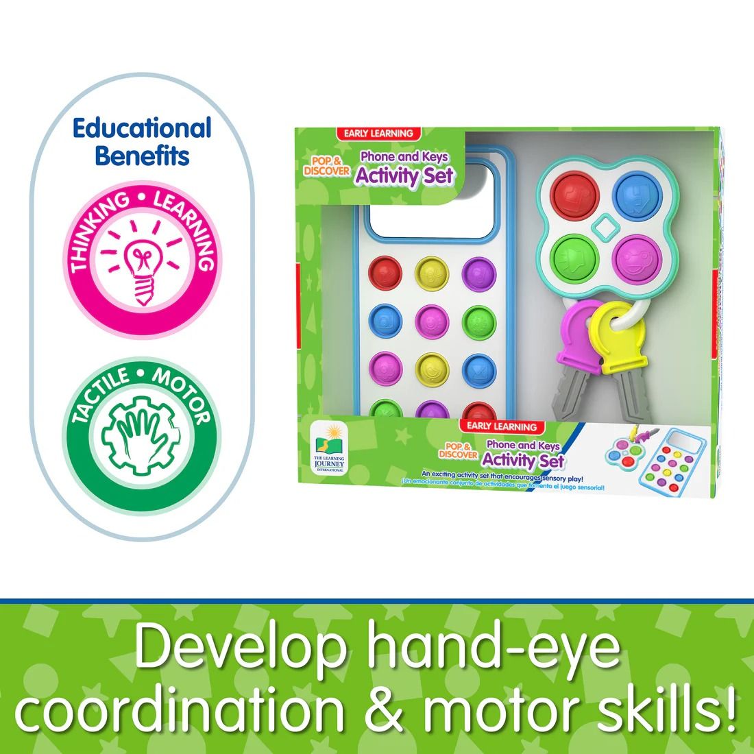 Sensory Pop & Discover Phone and Keys Activity Set in packaging, promoting early learning, tactile, and motor skills development