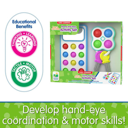 Sensory Pop & Discover Phone and Keys Activity Set in packaging, promoting early learning, tactile, and motor skills development