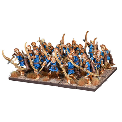 An army unit of miniature skeleton archers, clad in blue tunics and gold armor, standing with bows on a barren base