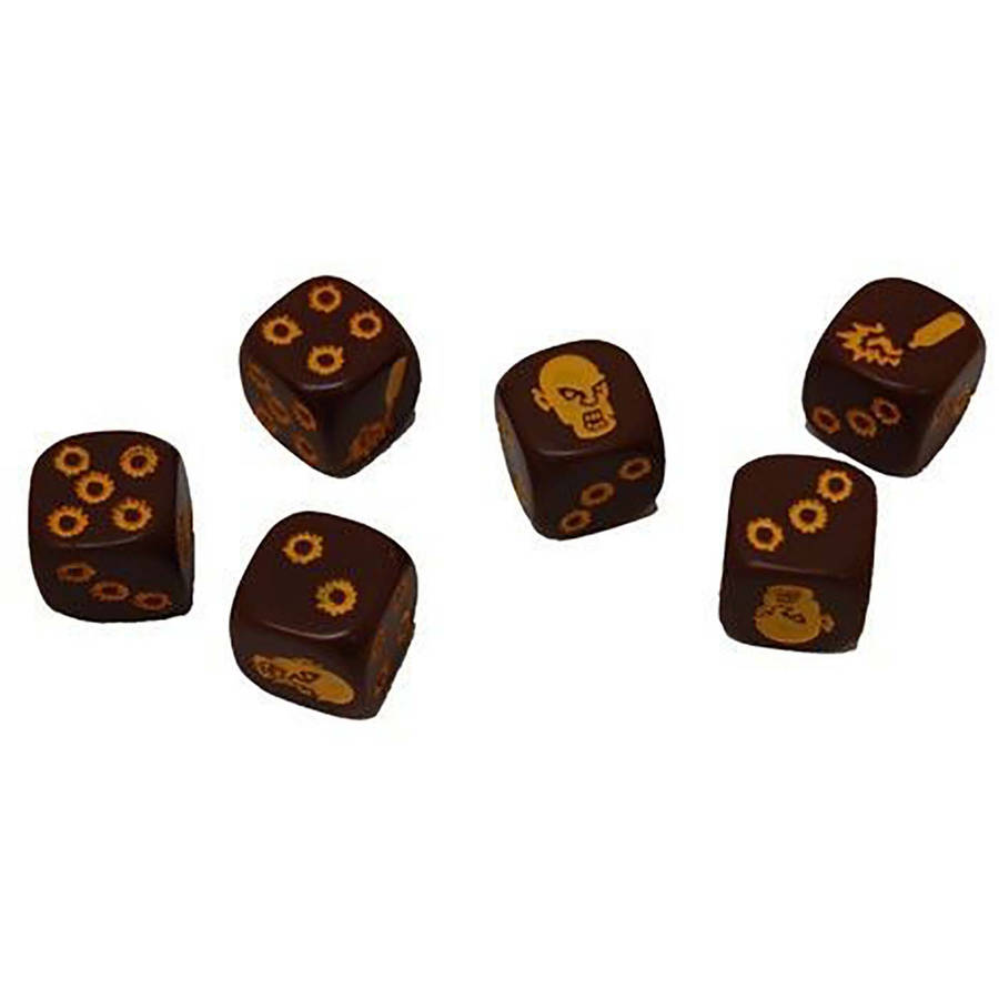 Six dark brown game dice with gold pips and zombie/skull symbols scattered on a white background