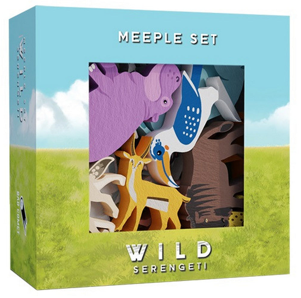 Wild: Serengeti Meeple Set expansion box showing colorful wooden animal meeples through a window