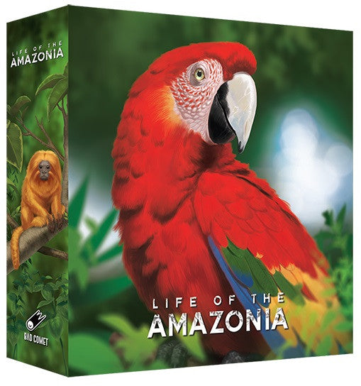 Life of the Amazonia board game with a red macaw on the cover and a golden lion tamarin on the side
