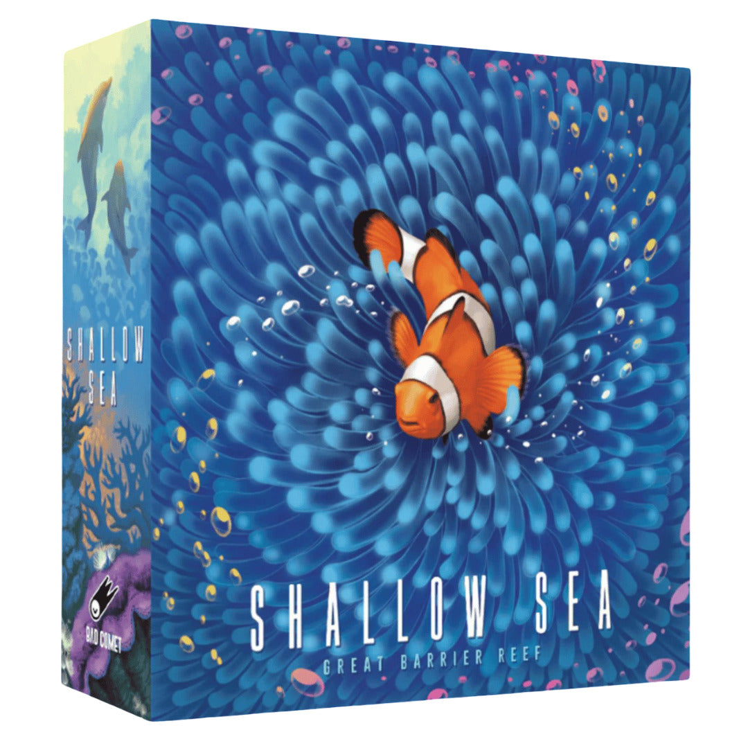 This image shows the Shallow Sea Great Barrier Reef game box featuring a vibrant clownfish swimming among abstract blue sea foliage
