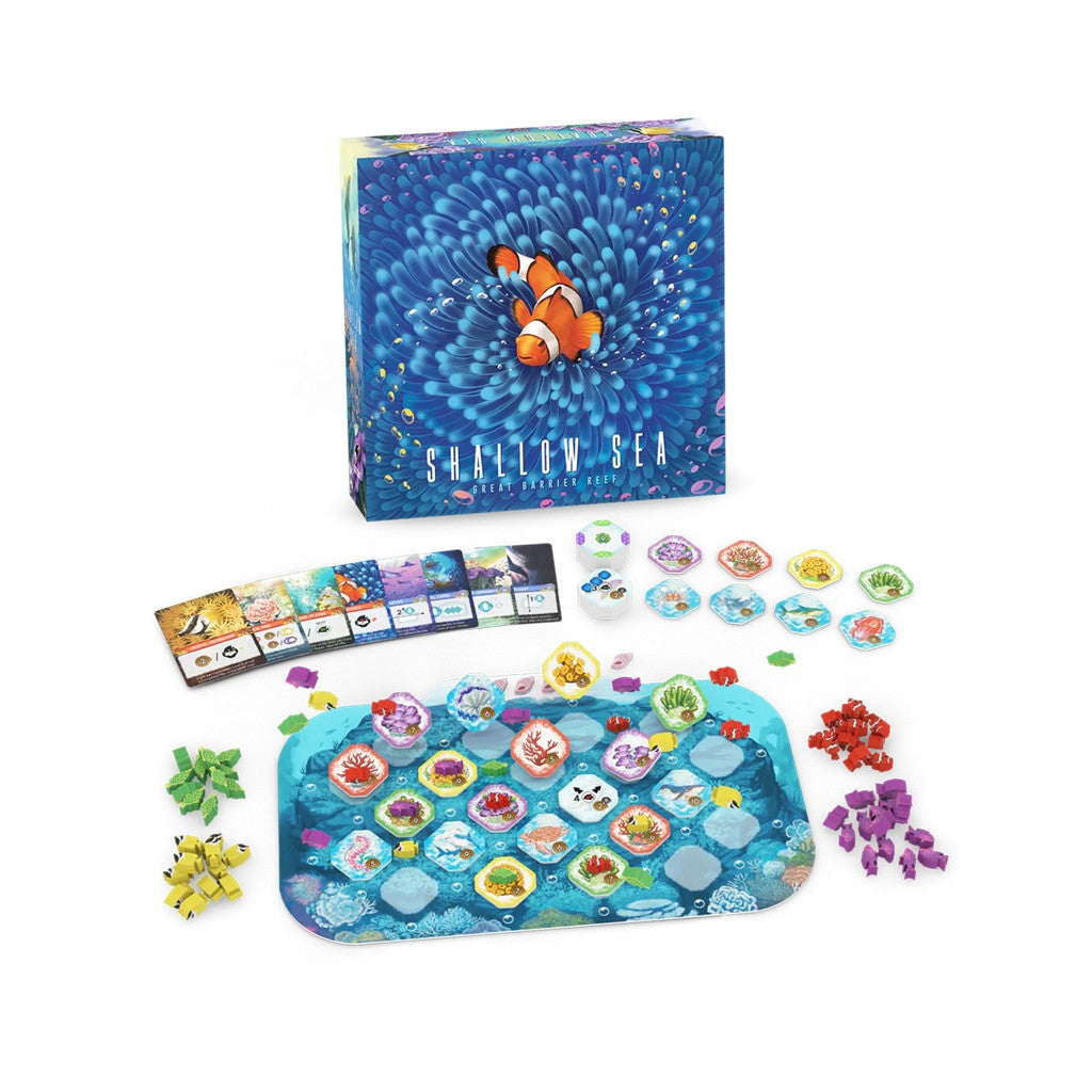 Shallow Sea board game box with clownfish art stands over the rectangular reef board showcasing colorful coral tokens, resource cards, and piles of wooden fish components