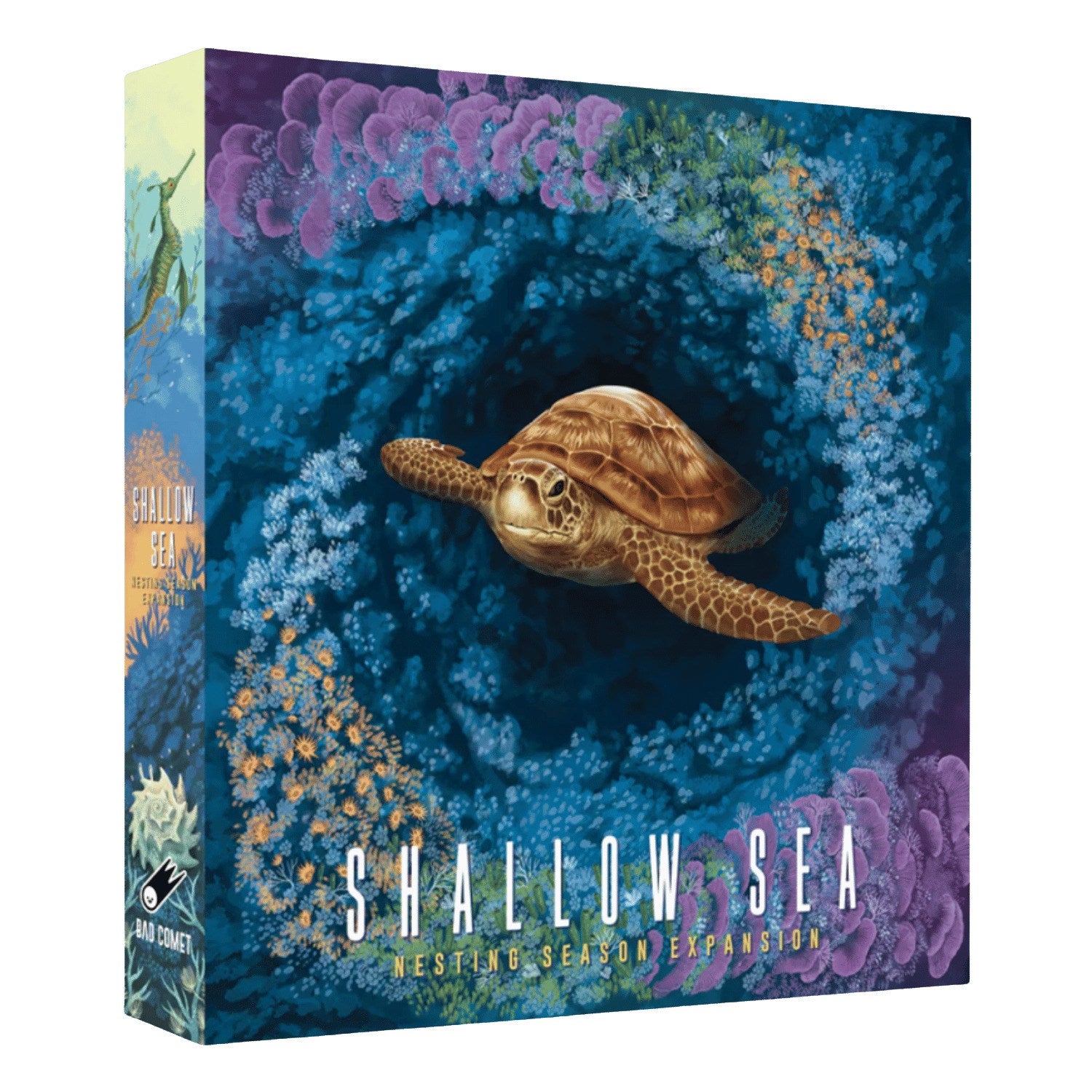 The Shallow Sea Nesting Season Expansion box displays a large brown sea turtle centered among colorful purple and orange deep-sea corals