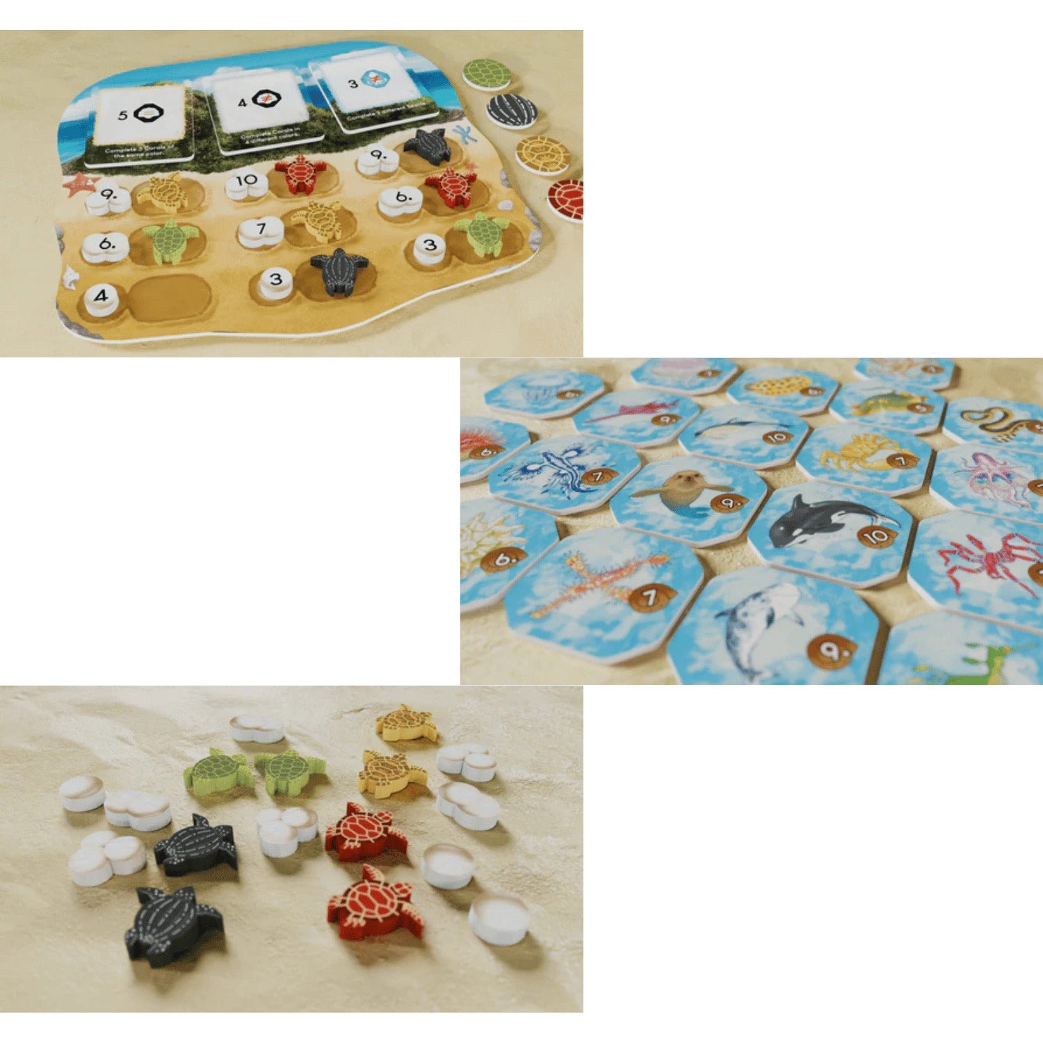 A detailed collection of the Shallow Sea Nesting Season board game pieces, including various colored turtle meeples, egg tokens, and sea life tiles