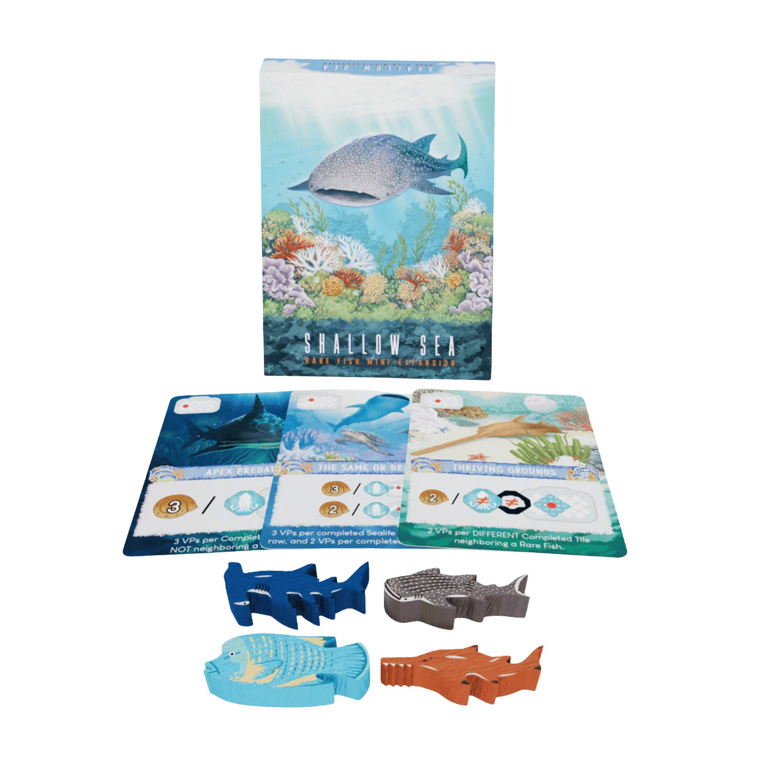 The Shallow Sea Rare Fish Mini-Expansion box displays a whale shark over coral, with three scoring cards and four unique wooden fish meeples