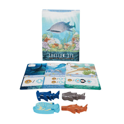 The Shallow Sea Rare Fish Mini-Expansion box displays a whale shark over coral, with three scoring cards and four unique wooden fish meeples