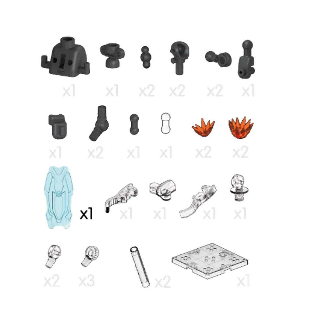 Construction toy parts list showing figure components, translucent pieces, flames, and a baseplate, with quantities