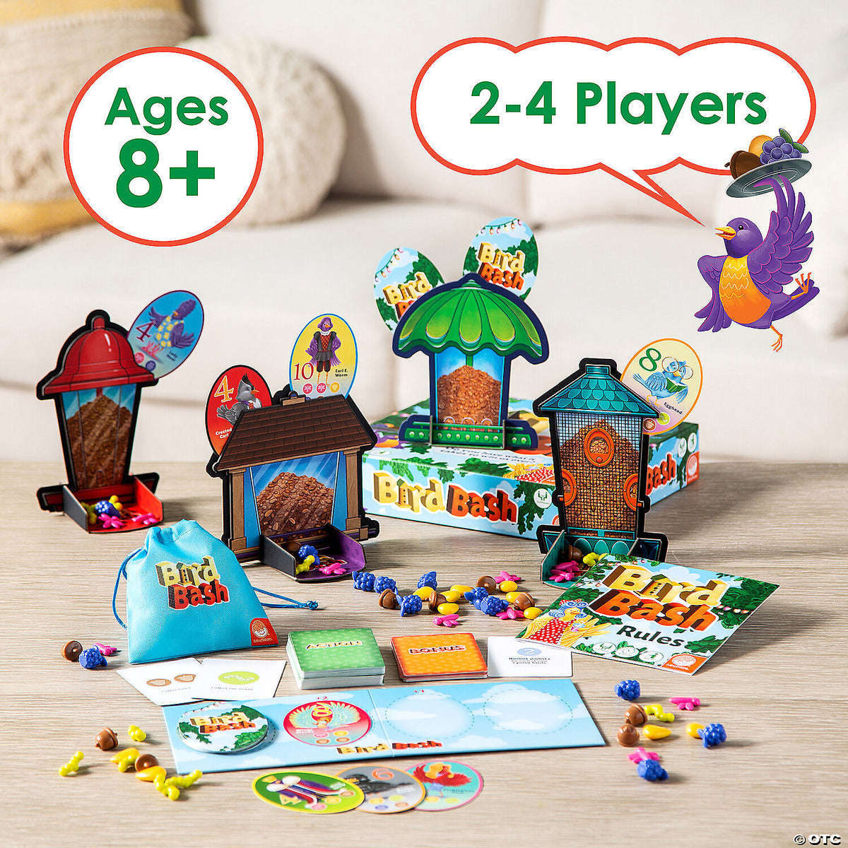 Close-up of Bird Bash cards and colorful bird tokens