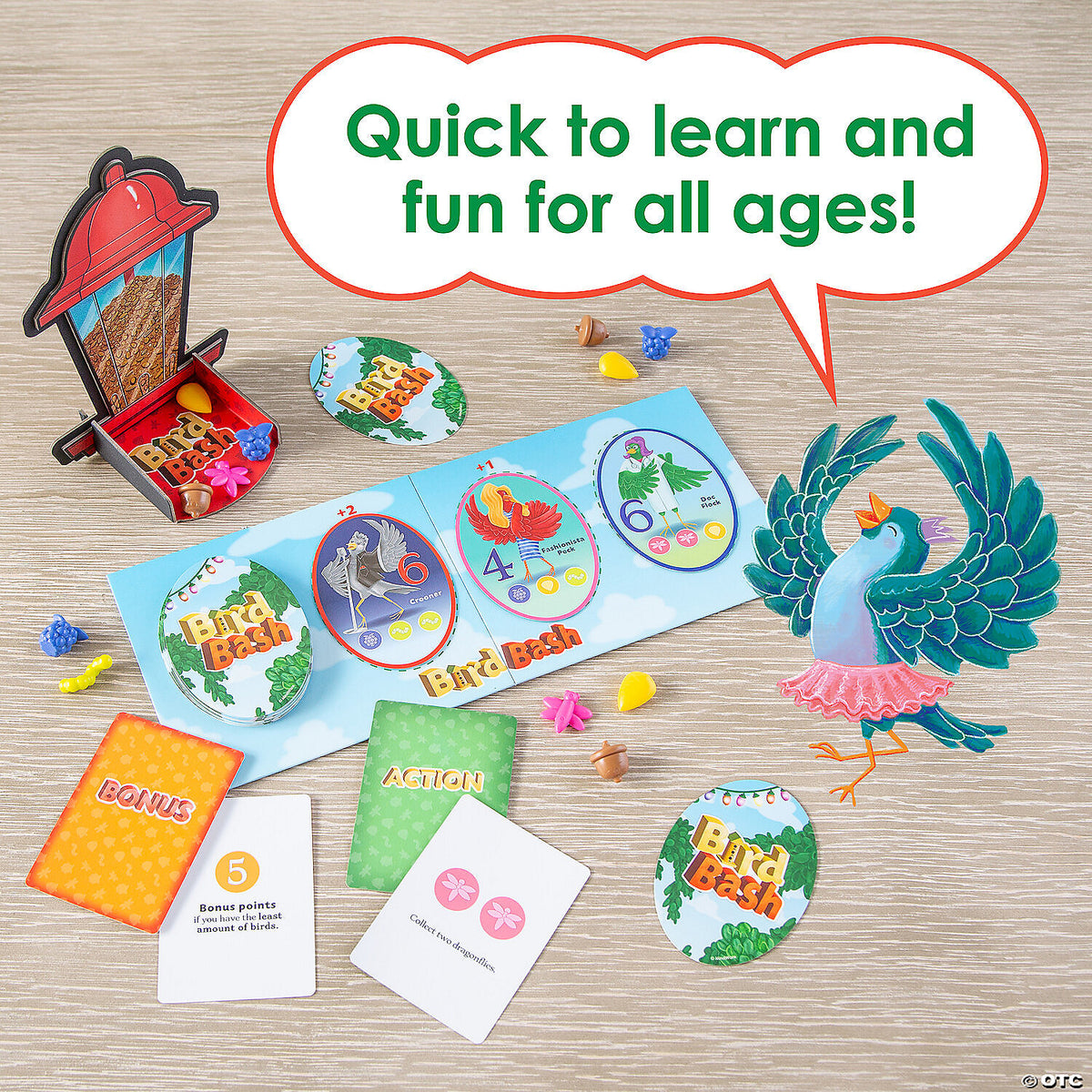 Full view of Bird Bash game components including board, cards, and tokens