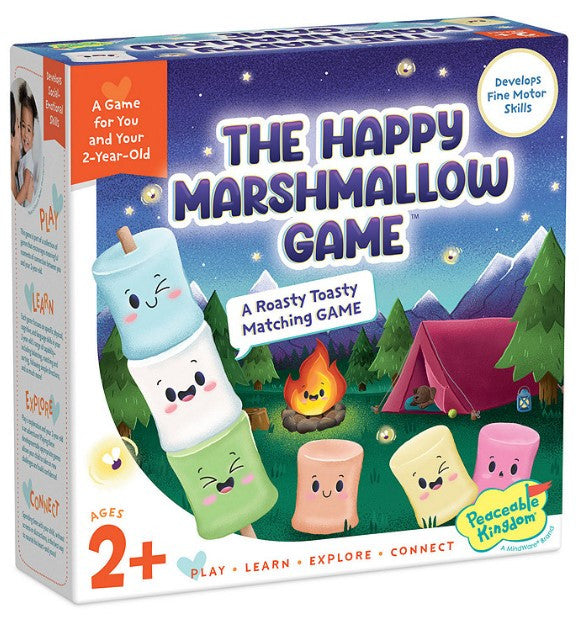 The Happy Marshmallow Game for 2-year-olds by Peaceable Kingdom featuring colorful marshmallow characters in a camping scene