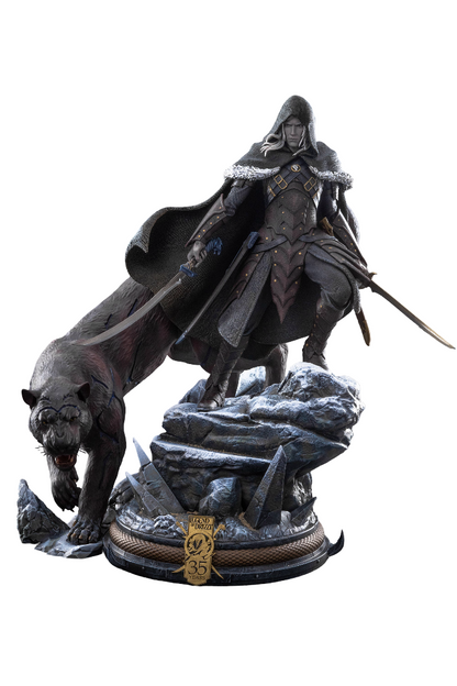 The Gatherers Tavern 1_4 Scale Drizzt Do'Urden Statue shows a white-haired warrior in dark armor and cloak with two swords, standing on rocks beside a black panther